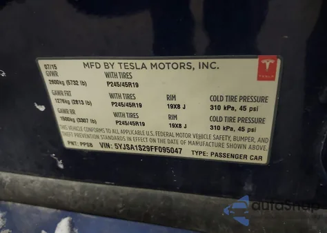 2015 Tesla Model S 70D/85D/P85D z USA, uszkodzony, nr VIN 5YJSA1S29FF095047